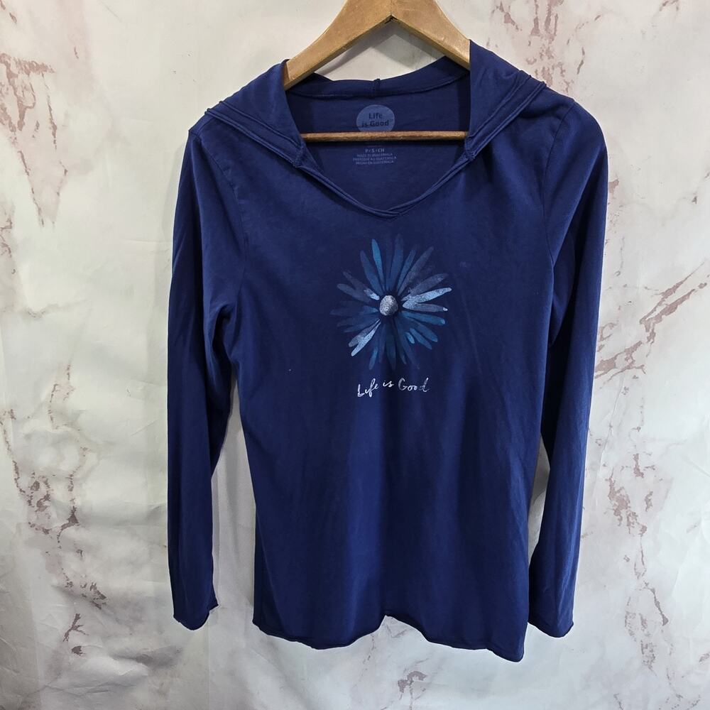 Life Is Good T Shirt Women Small Blue Hooded Long Sleeve Classic Daisy Flower